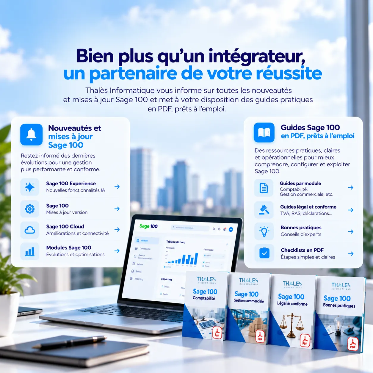 Thalès Informatique — nouveautés et mises à jour Sage 100 avec guides PDF pratiques, légaux et conformes